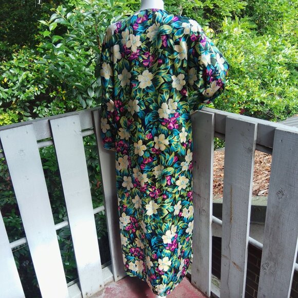 Vintage 90s Christian Dior Floral Tropical Cottagecore Satin Maxi Kaftan Dress - Picture 2 of 8